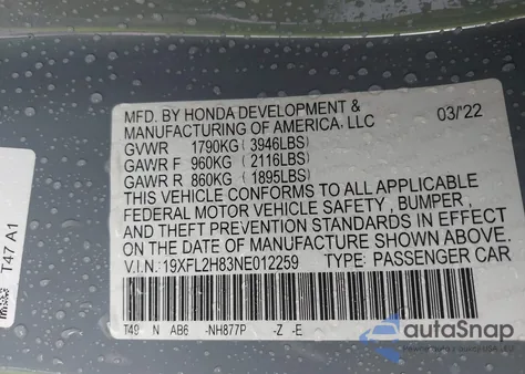 2022 Honda Civic Sport z USA, uszkodzony, nr VIN 19XFL2H83NE012259